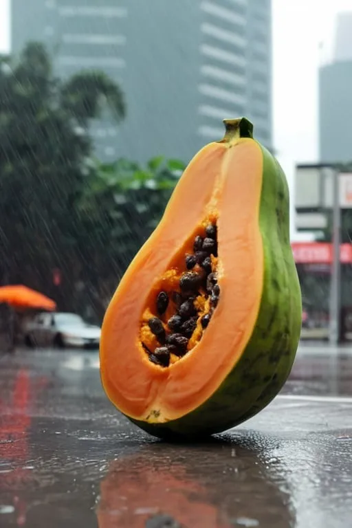 Prompt: Photo of photorealistic Gray’s Papaya in downtown Jakarta in the rain 