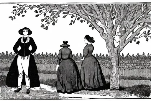 Prompt: Edward Gorey sketch of two women in an apple orchard. Macabre. 19th century. 