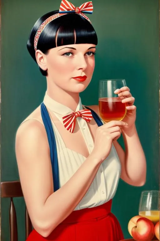 Prompt: Poster art of Louise Brooks in an American WWII WPA poster with her hair in a bandanna holding a glass of cider, 1942, serious, important, dire, inspirational, patriotic, propaganda, lesbian, “Join the Civilian Cider Corps”  bow tie, bright colors technicolor, WARTIME, modest, pretty, 