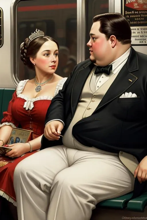 Prompt: Queen Victoria giving a handy to a fat guy in the subway, painted by Norman Rockwell