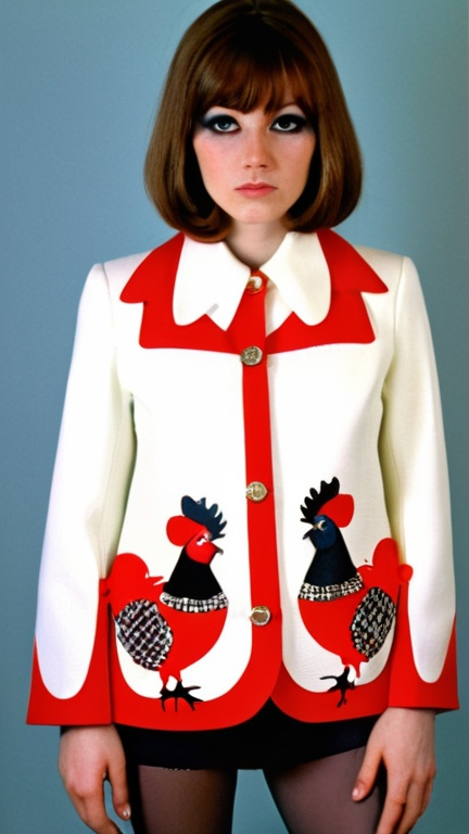 Prompt: Fancy fashionable 1968 mod jacket decorated with forbidden chickens 