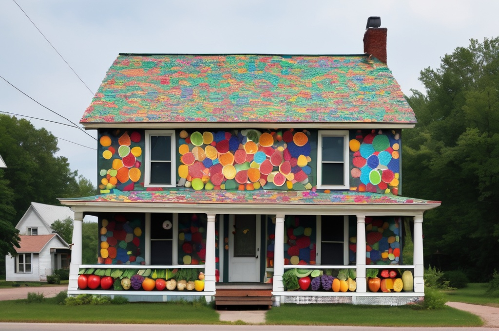 Prompt: The Mavis Tressel house in Loraine, WI (an ordinary house on a quiet suburban street covered entirely with small colorful stickers from pieces of fruit and vegetables except for the rooftop and windows) 