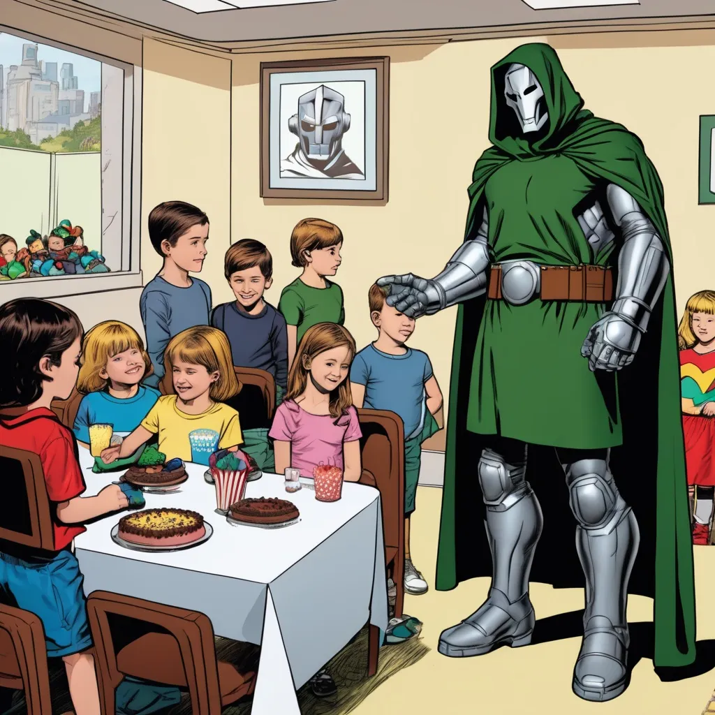 Prompt: Dr. Doom at a kid’s birthday party 