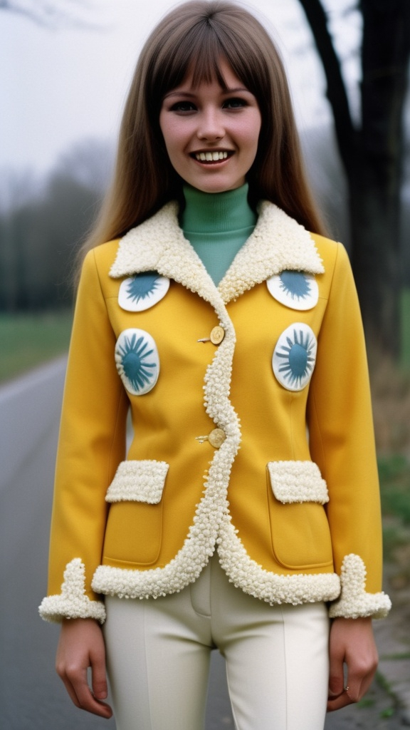 Prompt: Fancy fashionable 1968 mod jacket with human teeth, clams and dandelions.