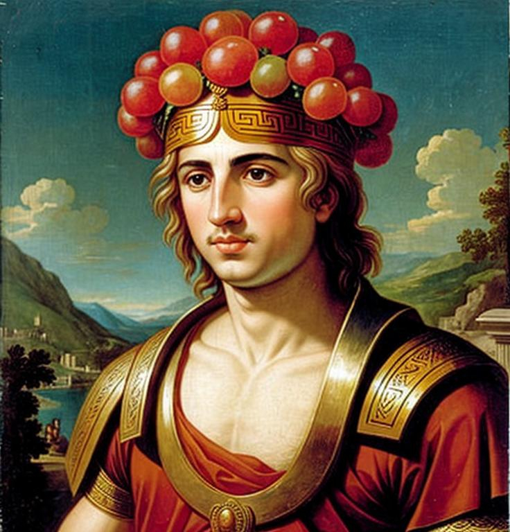 Prompt: Alexander the Great wearing his best fruit hat