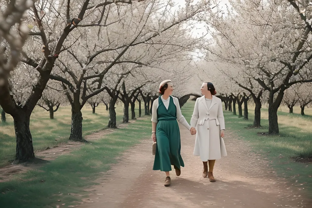 Prompt: Color photo of two women walking in an orchard in December 1938