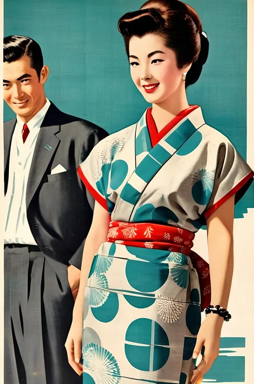 Prompt: 1958 mid century print yukata 