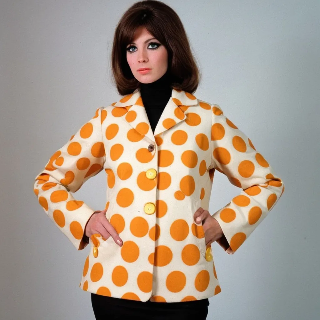 Prompt: Fancy fashionable 1968 mod jacket with fried eggs and bacon print 