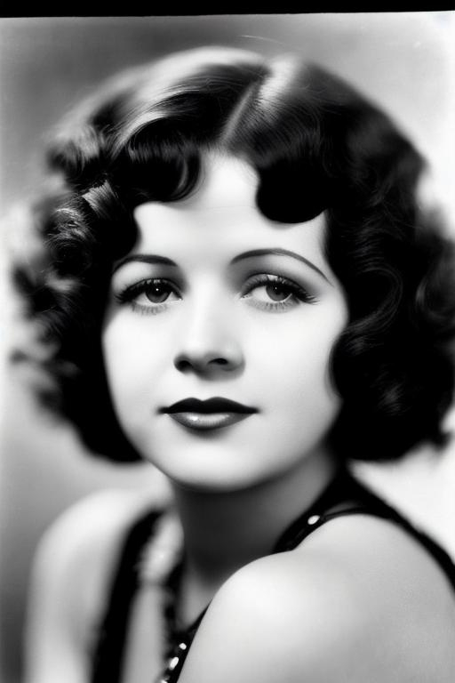 Prompt: A black and white photograph of Clara Bow Closeup. Face. Black hair with streaks of gray. 1922. Photorealistic. 