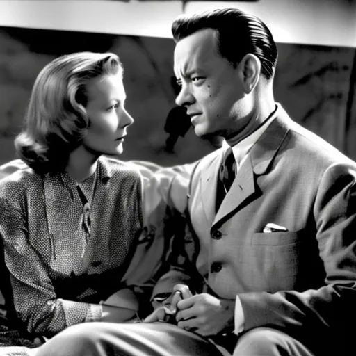 Prompt: Tom Hanks and Greta Garbo in a scene from the 1954 film Rear Window. 