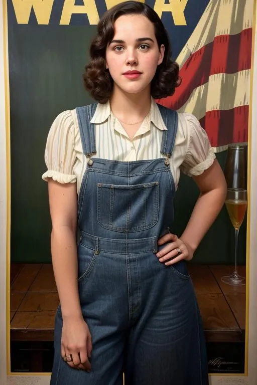 Prompt: Poster of Jessica Brown Findlay in an American Depression-era WPA poster holding a glass of cider, 1942, serious, important, dire, inspirational, patriotic, propaganda, formal, lesbian,  technicolor, WARTIME, modest, pretty, realism, Norman Rockwell, overalls, factory worker, 