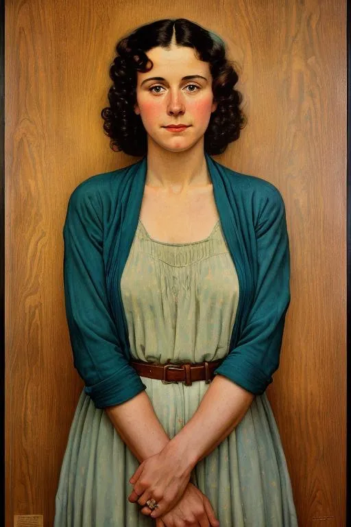 Prompt: American Depression-era WPA poster of Esther Klimt, serious, important, dire, inspirational, informal, painted by Norman Rockwell