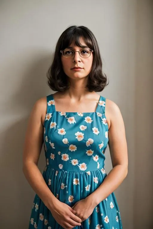 Prompt: Tina Belcher in a flower dress, 1968, serious, important, dire, inspirational, propaganda, heroic, stoic, butch lesbian, cottagecore,  technicolor, modest, realism, Americana, Norman Rockwell 