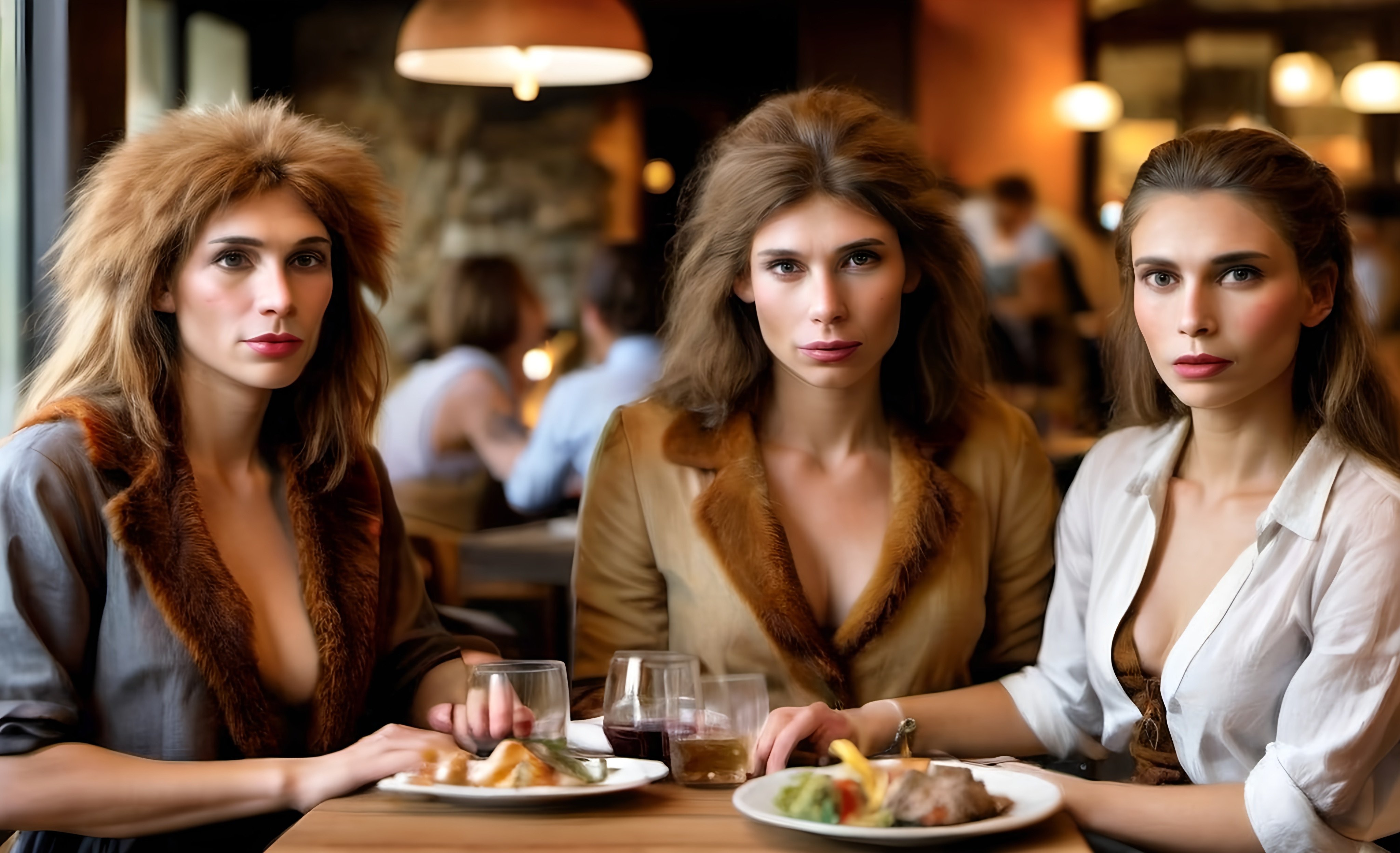 Neanderthal women in a dress at brunch in a fancy hotel