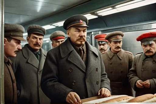 Prompt: Archduke Vladimir Lenin stands at the counter lecturing Subway employees about the proletarian toppings for his Spicy Italian sub. The other patrons are annoyed and restless, especially Josef Stalin