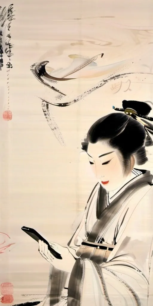 Prompt: A very old silk shunga scroll showing Yuki Onna scrolling on her phone 