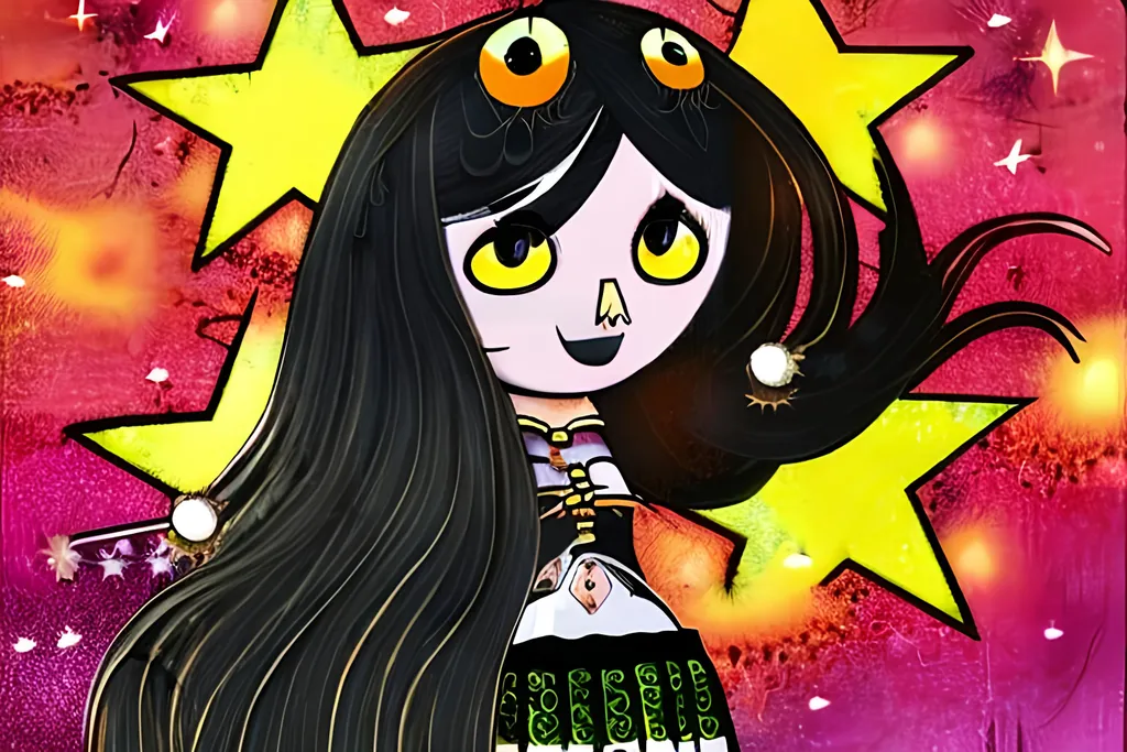 Prompt: Illustration of a plymptronic gastrogirl, with a gold dirndl, black long hair tied in an enormous knot, five yellow eyes, leafy tentacles under a sky full of stars, HD, highly detailed, repeated text “DOWNLOAD COMPLETE 100% THANK YOU FOR YOUR PURCHASE” 