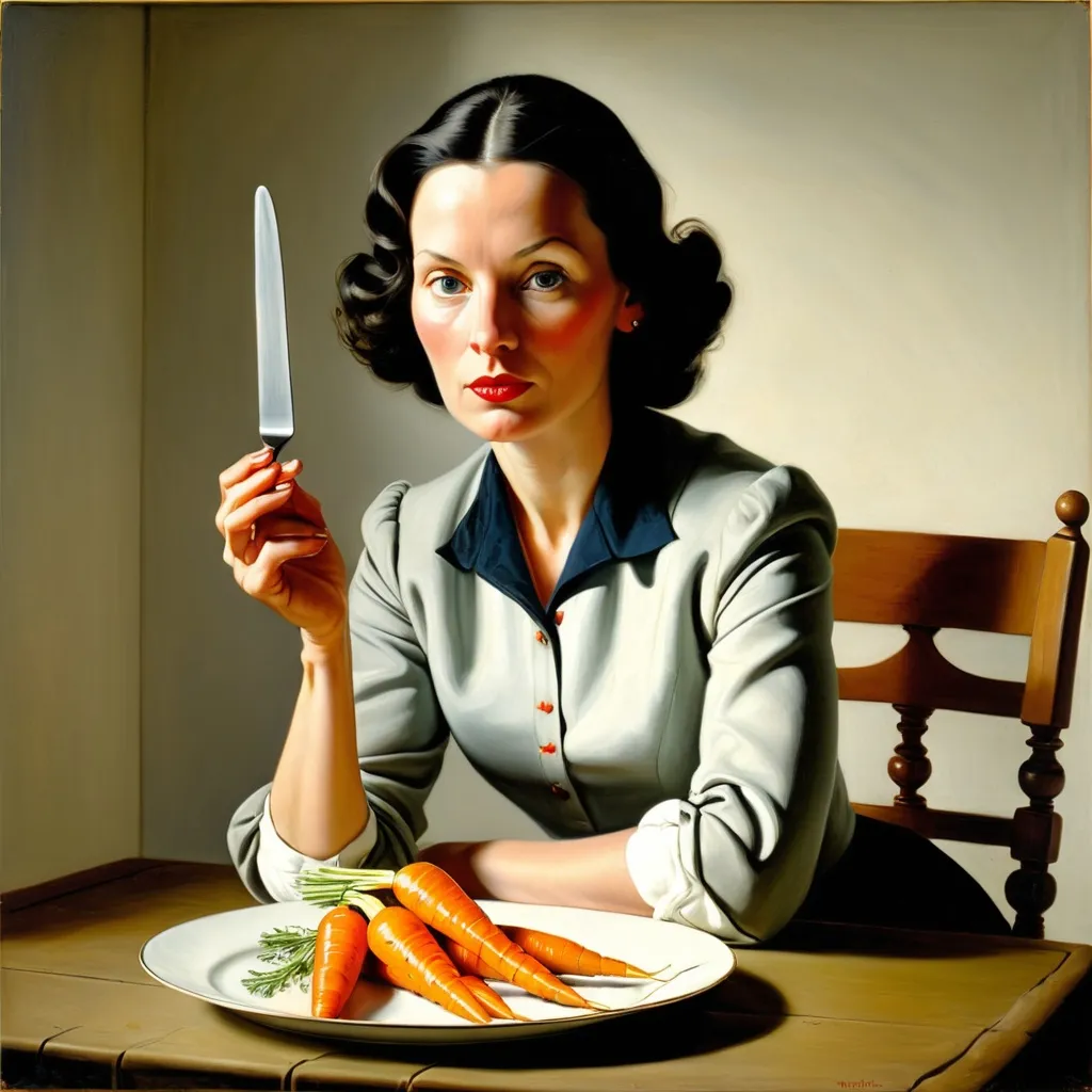 Prompt: Margarethe Dortmont sternly addresses a plate of carrots, painted by Andrew Wyeth, oil on canvas, 1948

