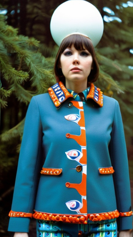 Prompt: Fancy fashionable 1968 mod jacket decorated with streusel, tree branches, and submarines