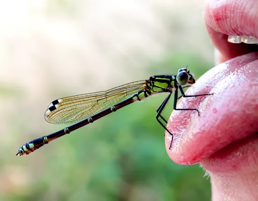 Prompt: A damselfly resting on the tip of someone’s tongue 