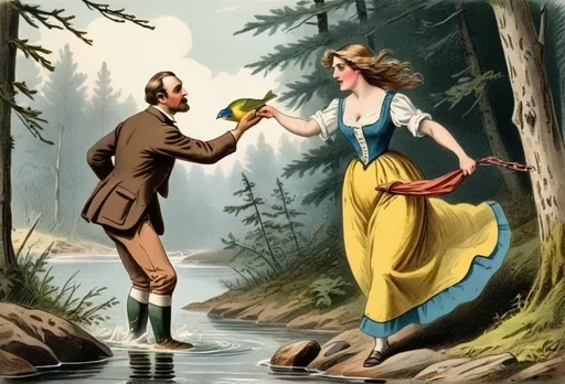 Prompt: The naturalists attempt to catch a wild Swedish lady, hand-colored vintage English engraving circa 20th century, colorful, romanticism, full body