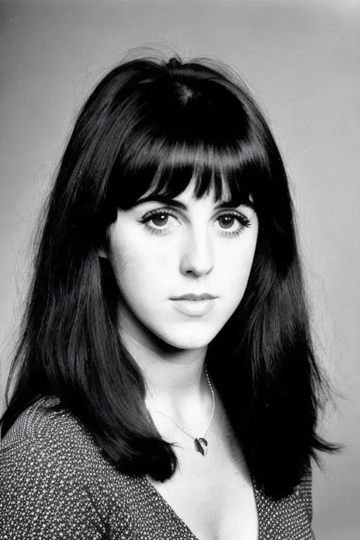 Prompt: A black and white photograph of Grace Slick. Closeup. Face. Straight black hair. 1967. Photorealistic. 