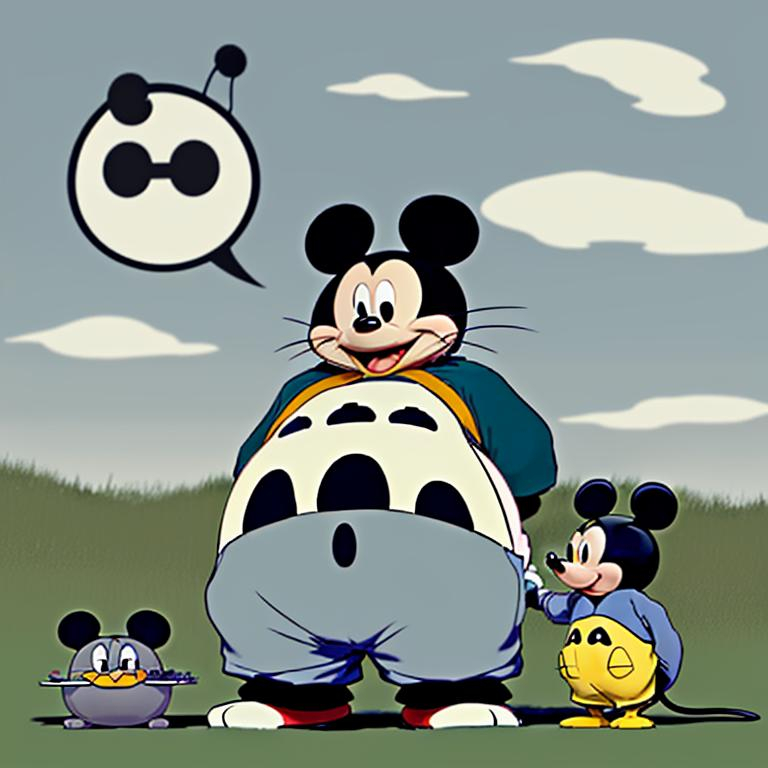 Prompt: Mickey Mouse emerging from Totoro’s cloaca 