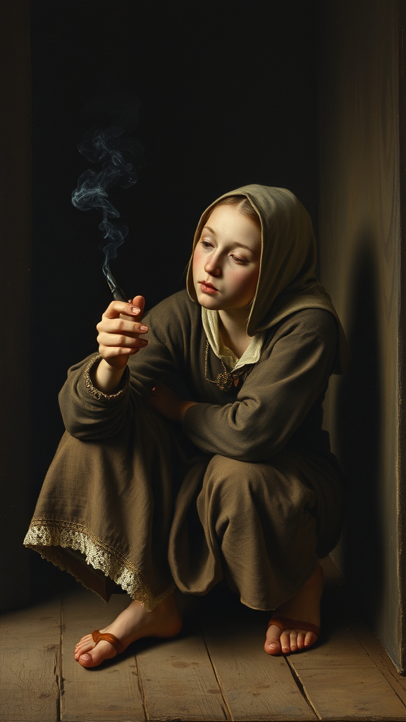 Prompt: Dutch Master painting of an unknown young woman in peasant clothes smoking a white clay pipe while squatting  in a dark corner, 1540, oil on wood 