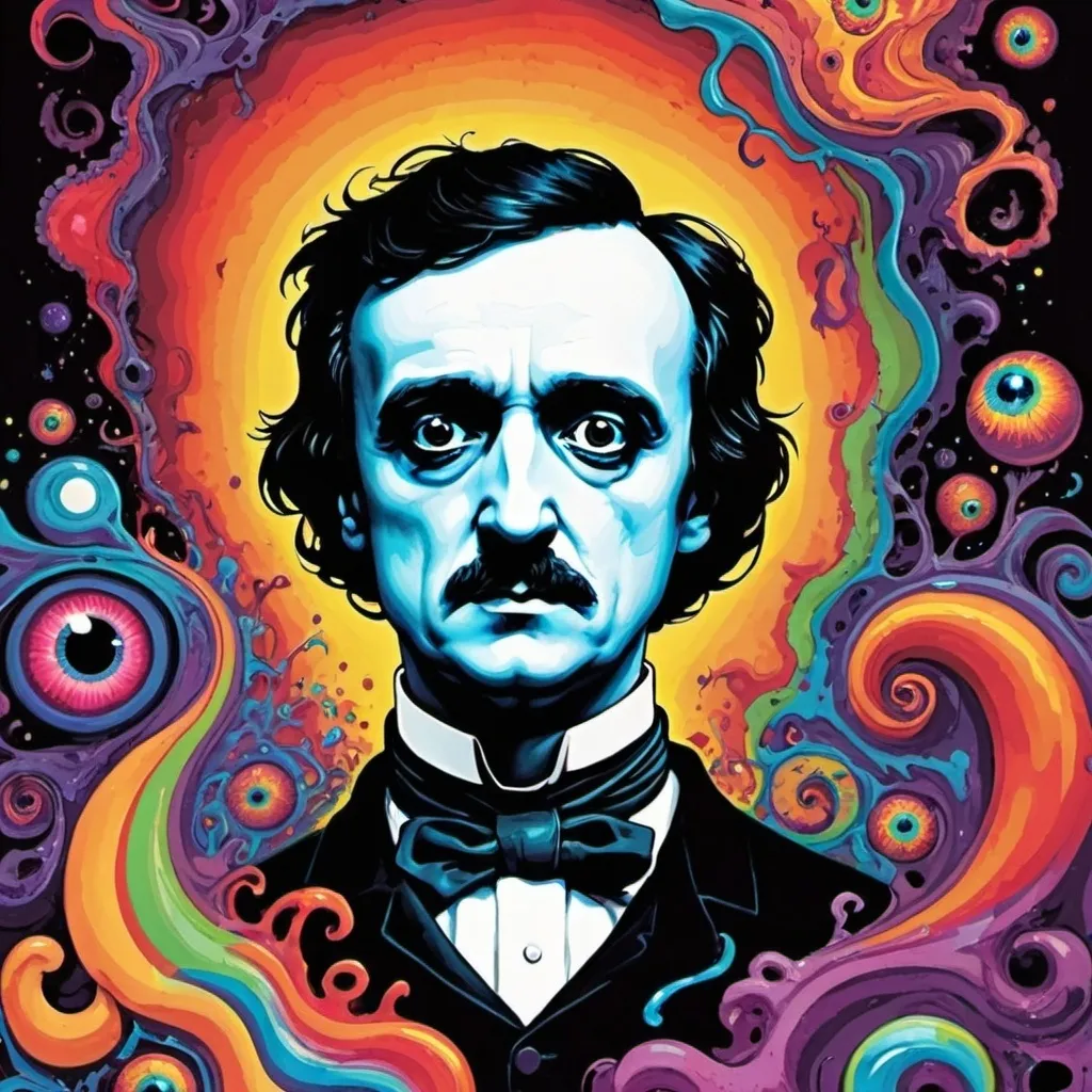 Prompt: psychedelic print Edgar Allen Poe, melting, concert poster, trick of the eye painting