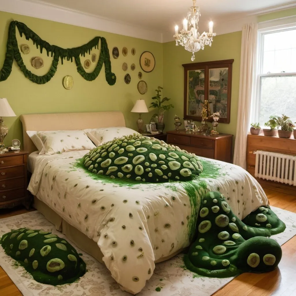 Prompt: Fancy bedroom decorated with slugs and mucus 