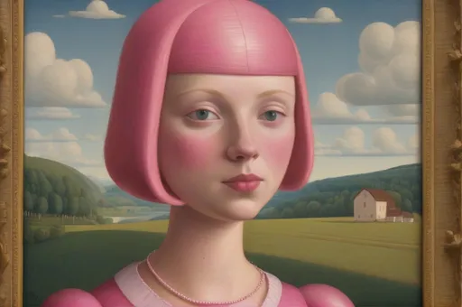 Prompt: Princess Bubblegum from Adventure Time as painted by Grant Wood, oil on canvas, 1938