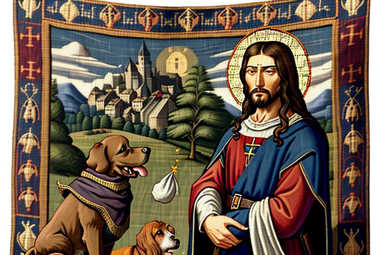 Prompt: Medieval tapestry depicting Jesus Christ noticing a dog fart