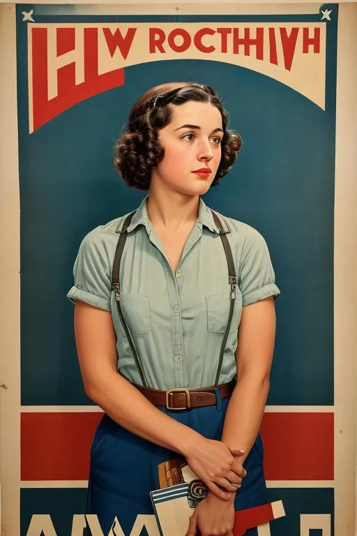 Prompt: American Depression-era WPA poster of Mila Jojovitch, serious, important, dire, inspirational, patriotic, propaganda, formal, lesbian,  technicolor, modest, pretty, realism, Norman Rockwell, factory worker, 