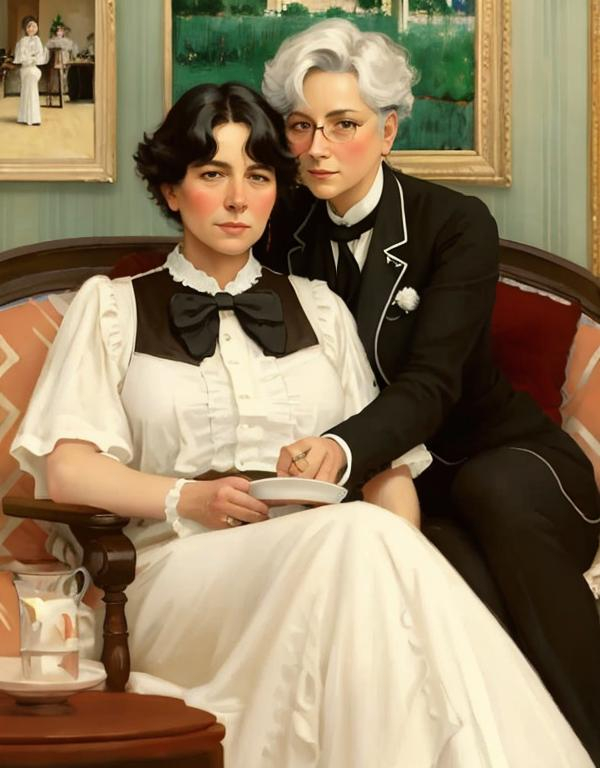 Prompt: Rancho Relaxo 1908, painting of two 60-year old lesbians in the style of William Merritt Chase