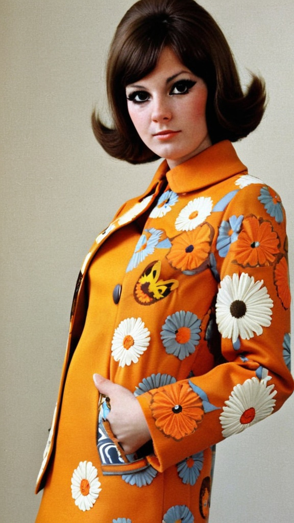 Prompt: Fancy fashionable 1968 mod jacket with chrysanthemums, cats, and zigzags 