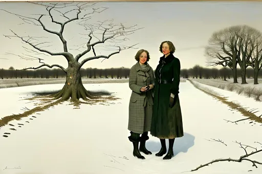 Prompt: Winter of 1932 in a Michigan apple orchard, two women standing between two rows of gnarled leafless trees by Andrew Wyeth