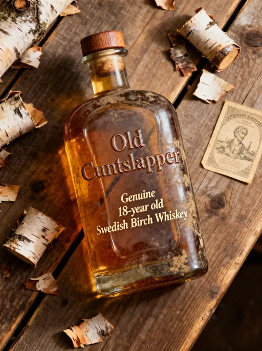 Prompt: Old Cuntslapper, Genuine 18-year old Swedish Birch Whiskey 