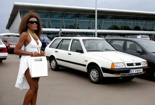 Prompt: Homo erectus lady rents a car at the airport 