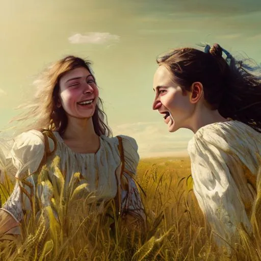 Prompt: A highly detailed photorealistic painting of two young Circassian women frolicking in a field by Andrea Kowch and Andrew Wyeth, Octane render, trending on cgsociety, HDR, 8K I cant believe how accurate this is, rural vignette, laughing, happy, golden hour, tall grass, detailed, YOLO