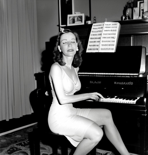 Prompt: Masprine Balch playing a piano in her Manhattan apartment on the hottest day of the year in 1948, 