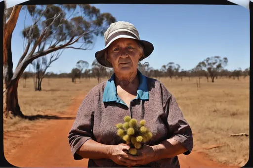 Prompt: Australian woman holding a mulga in Cooroowinda