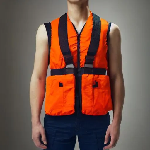 Prompt: professional product photo of an {orange vest}, floating suspended midair, intricate fabric details, fashion product catalog image, behance hd, studio lighting, front view, square image, no model, mod, 1970