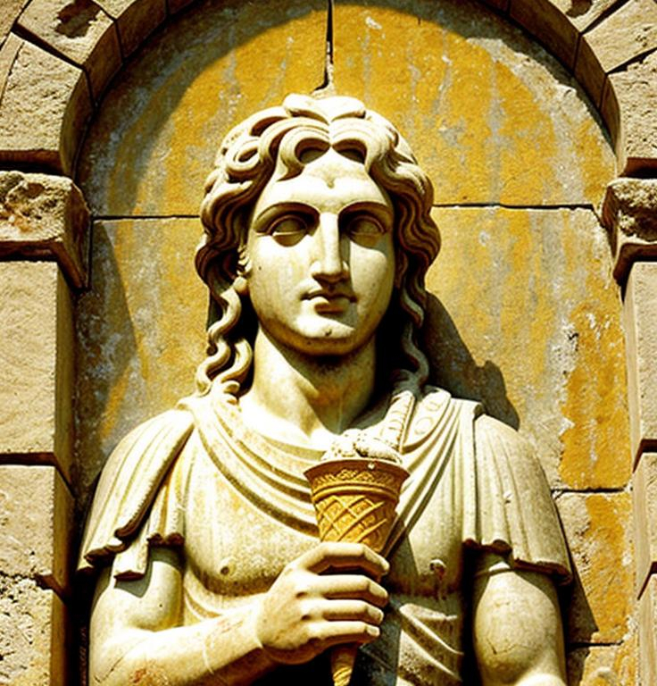 Prompt: Ancient frieze depicting Alexander the Great holding an ice cream cone 