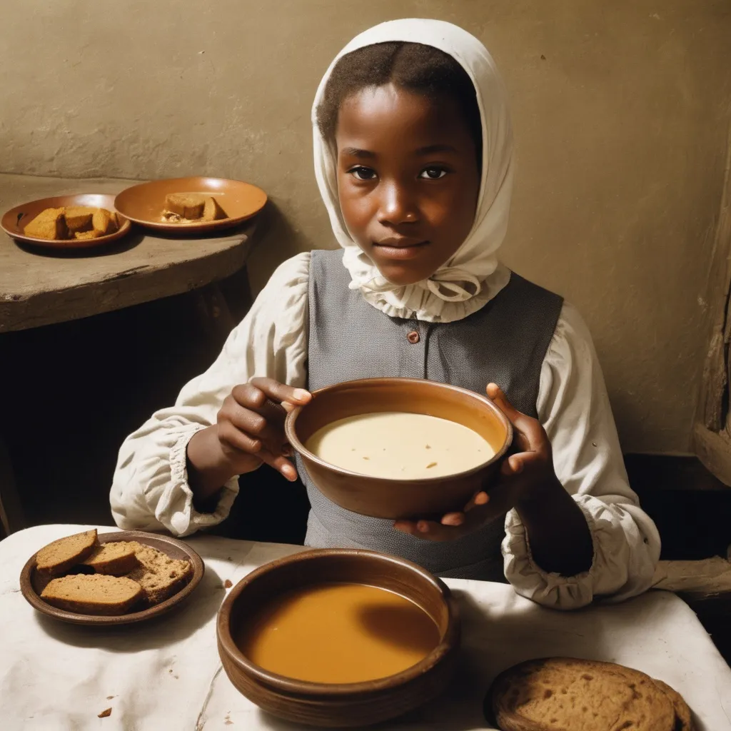 Prompt: Plimbwegian girl serving a bowl of moth-nut soup and botterkorn brot with swimmers cream 