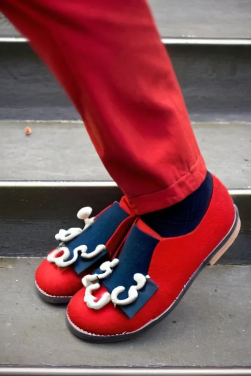 Prompt: Porous lunch feet in a red felt peacoat 