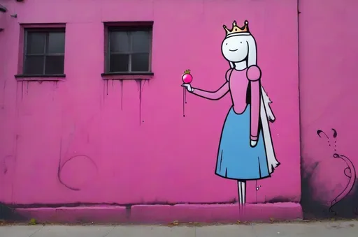 Prompt: Princess Bubblegum from Adventure Time as painted by Banksy, spray painted wall, 2019