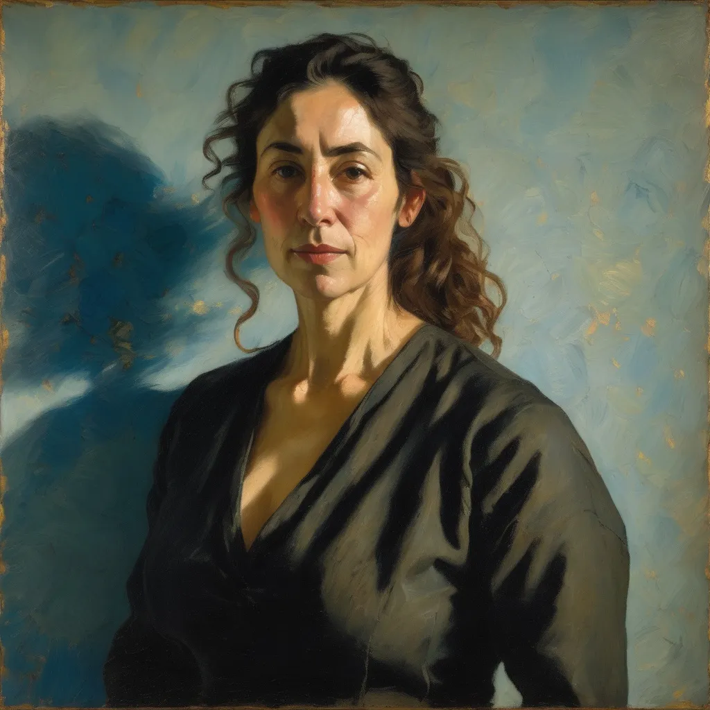 Prompt: Portrait of Tama Janowitz, age 42, standing in front of a blue plaster wall, golden hour light, impressionist,  impressionism, bold strokes, painted by Gustave Courbet, 1884, oil on canvas