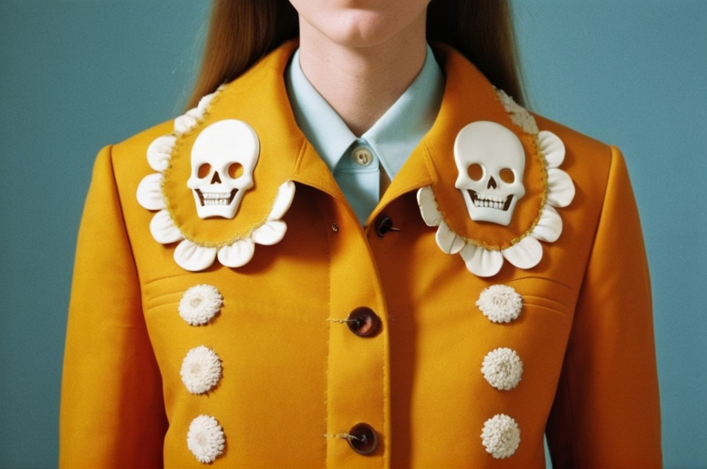 Prompt: Fancy fashionable 1968 mod jacket with human teeth, clams and dandelions.