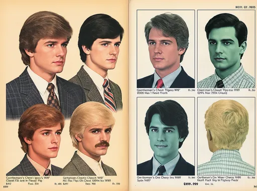 Prompt: The 1989 Sears catalog page for Gentleman’s chest wigs, showing different styles, combinations, and prices 