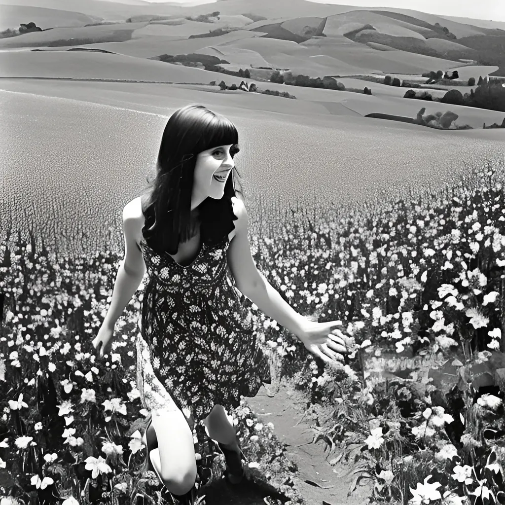 Prompt: Jefferson Airplane singer Grace Slick in a psychedelic flower print peasant dress. Straight black hair. Blue eyes. Jumping. Laughing. Young. 1968